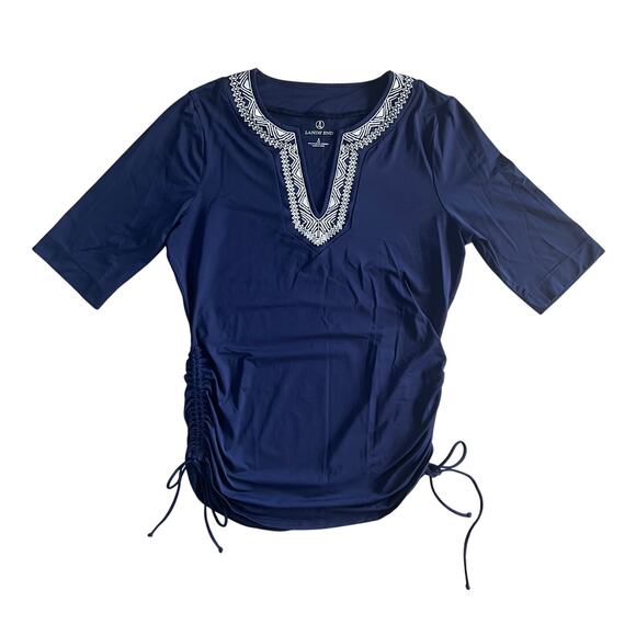 Lands’ End Women’s Rash Guard Swim Shirt Navy Embroidered V-Neck Size S (6-8) - Picture 1 of 6